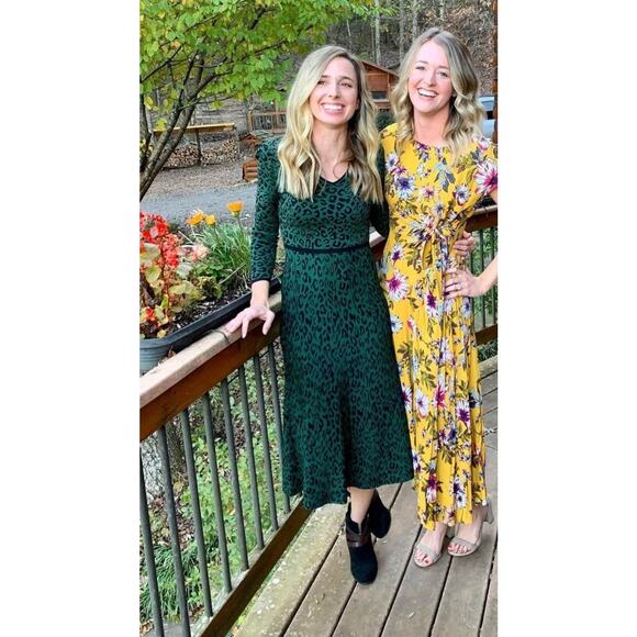 GREAT JONES Forest Green Leopard Jacquard Knit V-Neckline Hourglass Dress sz XS - Picture 7 of 15